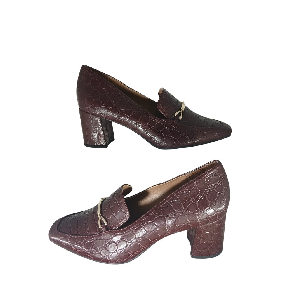 Naturalizer Wynrie Loafer Pumps 10W Burgundy Croc Embossed Block Heel Square Toe